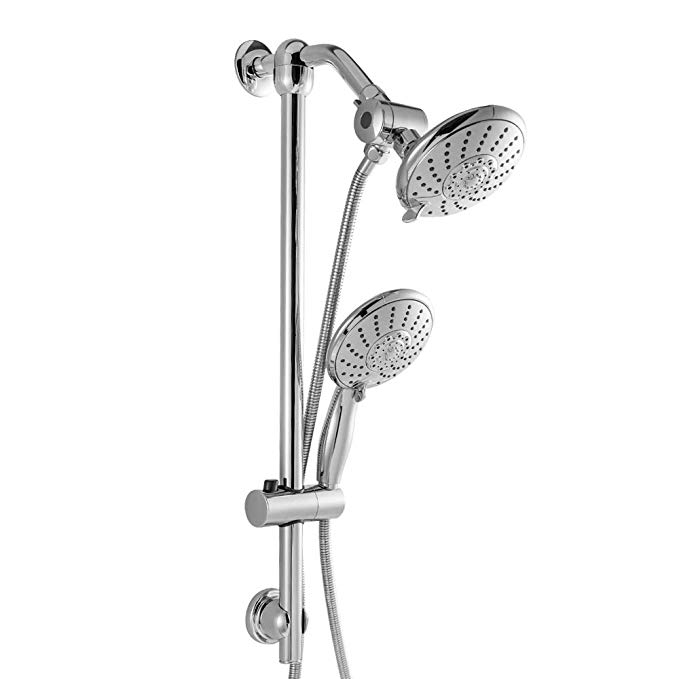 LORDEAR Best Chrome Finish Flexible Double Rain Hotel Spa Dual Combination Shower Heads Handheld Combo, 5 Water Settings Shower Set with Adjustable Slide Bar and Stainless Steel Hose
